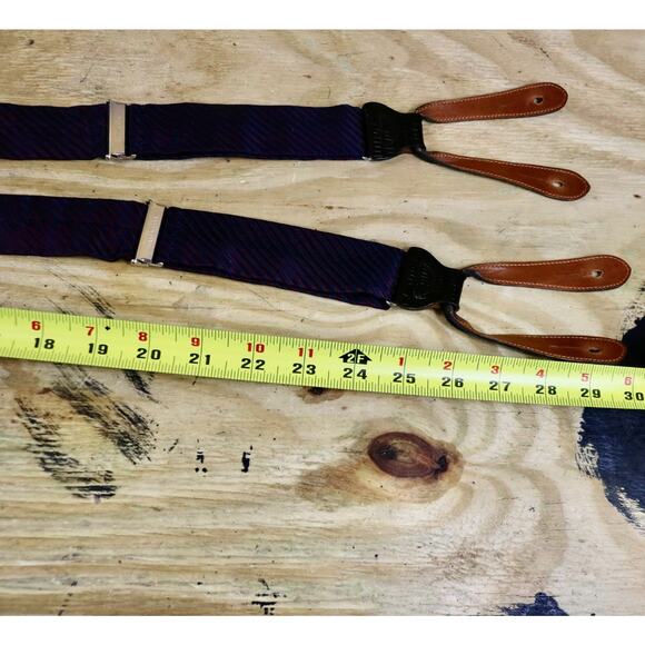 Trafalgar Silk Blue Red Striped Suspenders 1.375" Wide Black Leather Attachments - Picture 3 of 9